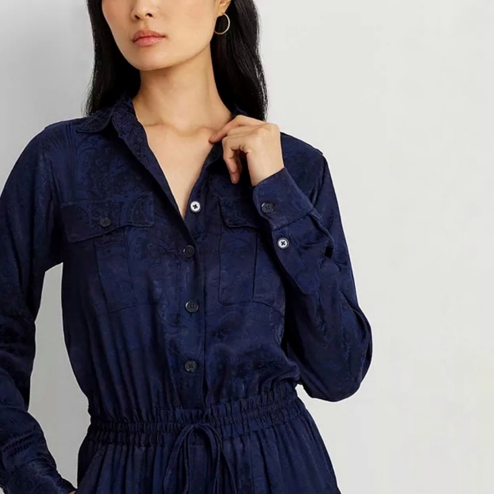 LRL Paisley Jacquard Button Down Long Sleeve Jumpsuit in Navy - Picture 2 of 12